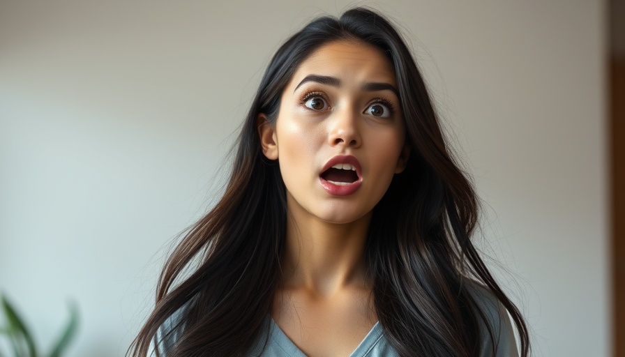 Surprised woman discussing dental care indoors.