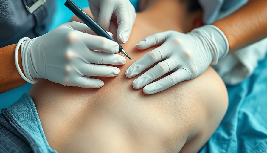 Close-up of a rash treatment on a patient's back in clinical setting