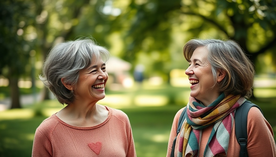 Two cheerful women over 40 enjoying a conversation in a park.