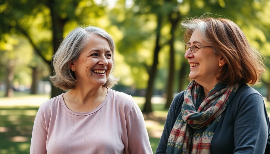 Two smiling middle-aged women enjoying a conversation outdoors.