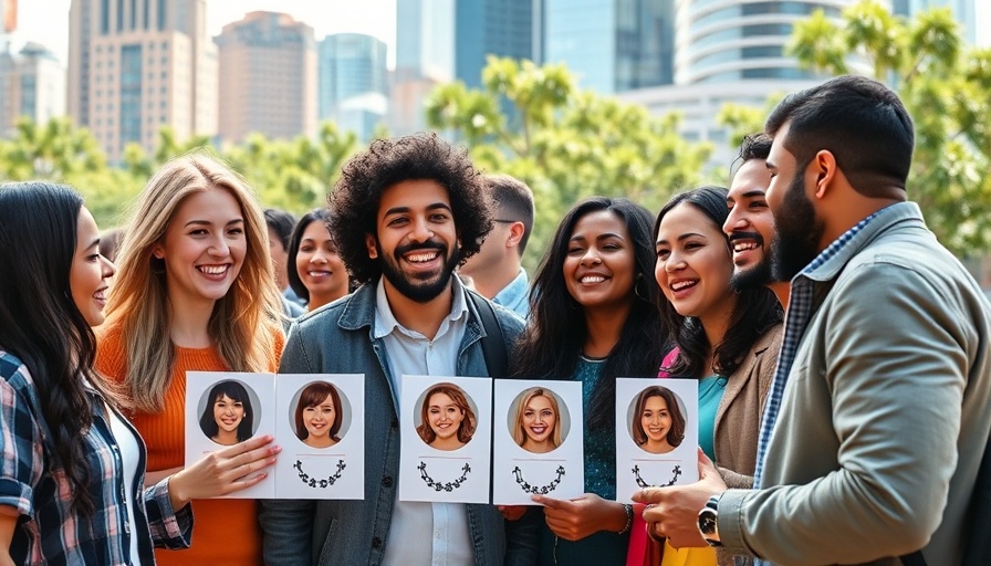 Outdoor group enjoying a celebrity smile quiz game, highlighting dental care.