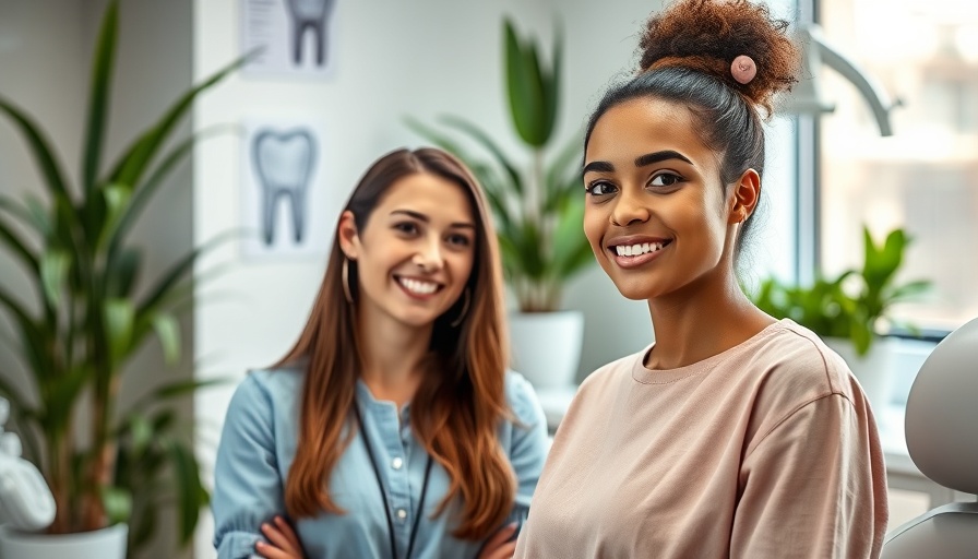Confident woman in dental office sharing dental care tips.
