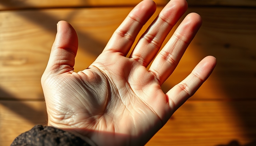 Close-up of a hand with sandpaper-like skin texture.