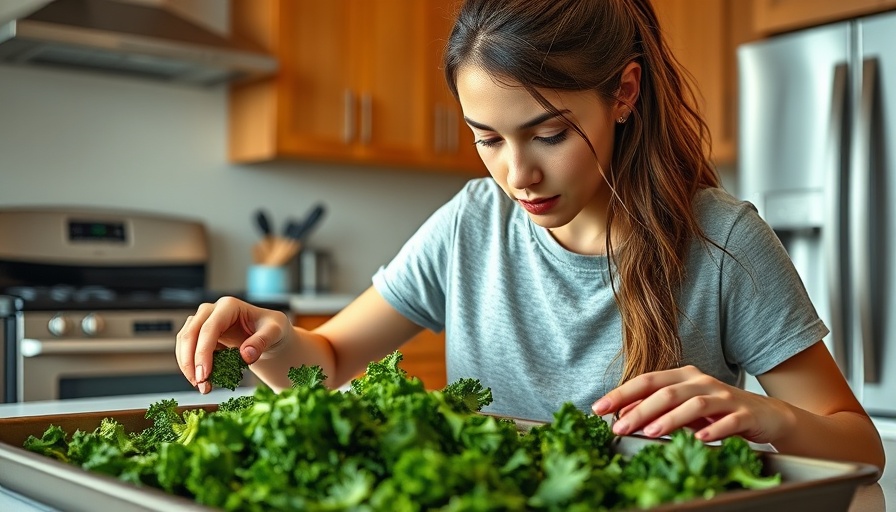 Woman preparing healthy kale chips in a modern kitchen.