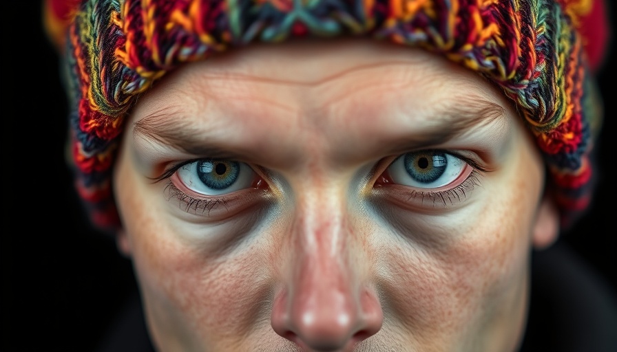 Intense gaze of person wearing colorful cap, photorealistic.