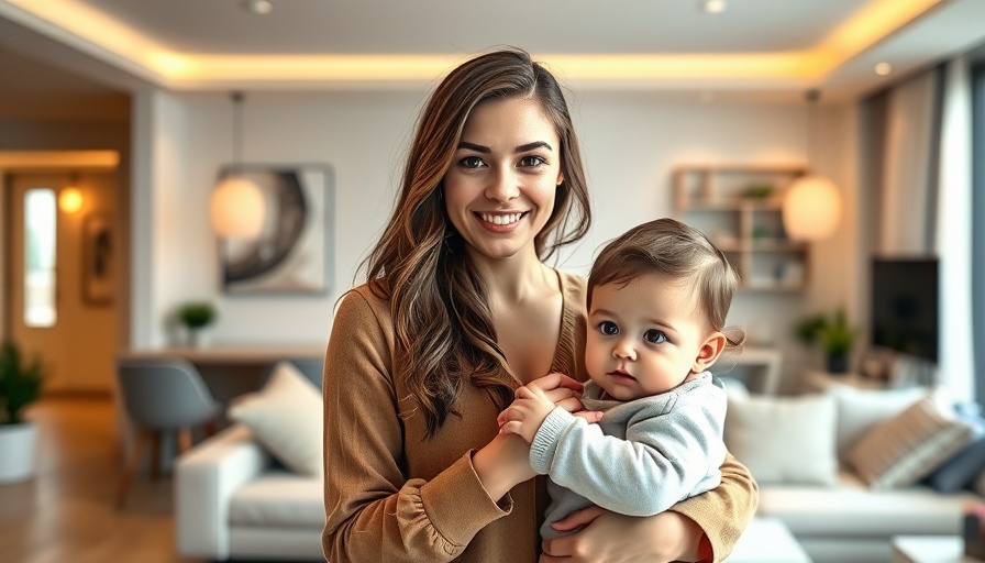 Casual young woman in a modern living room, holding toddler.