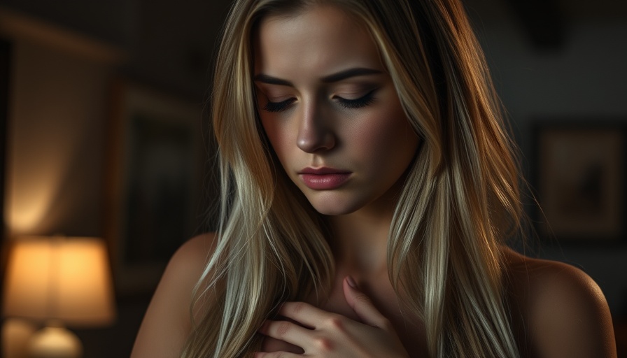 A young woman sensing silent heart attack symptoms, hand on chest, eyes closed.