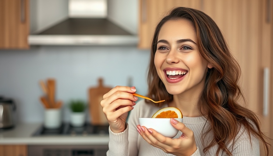 Woman enjoying a healthy snack in a modern kitchen.