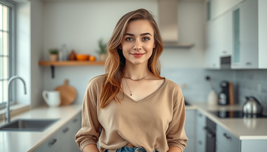 Young woman standing in modern kitchen, relaxed pose.