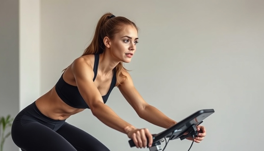 Athletic woman using AI-optimized exercise bike indoors.