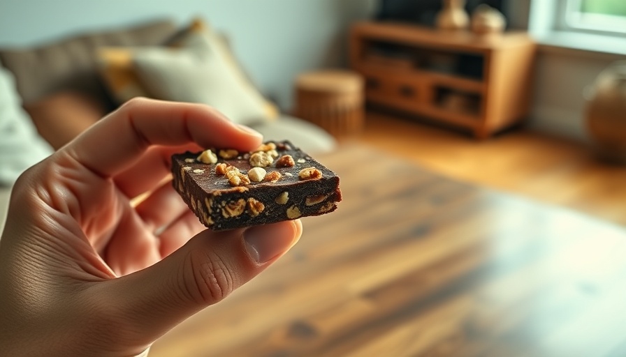 Close-up hand holding a snack bar on a plate; sneak iron into your diet.