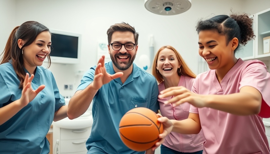 Playful dental office scene with staff performing a fun activity while working.