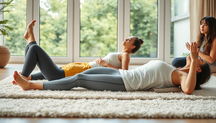 Two women engaging in relaxation exercises for neck and back pain indoors.