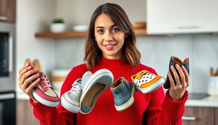 Young woman discussing healthier footwear for kids in a modern kitchen.