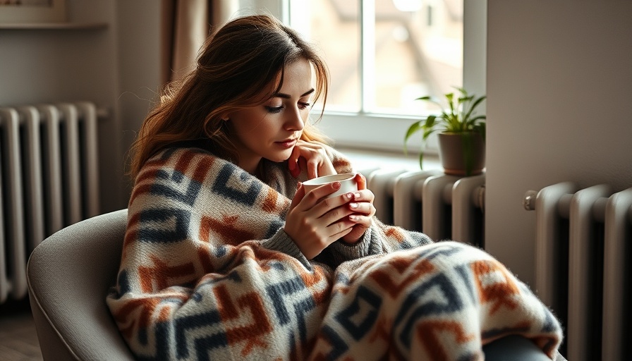Pensive woman wrapped in blanket indoors holding a cup; Vitamin D Deficiency Risks.