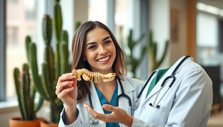 Smiling doctor explaining bone model, 'Guess the bone'