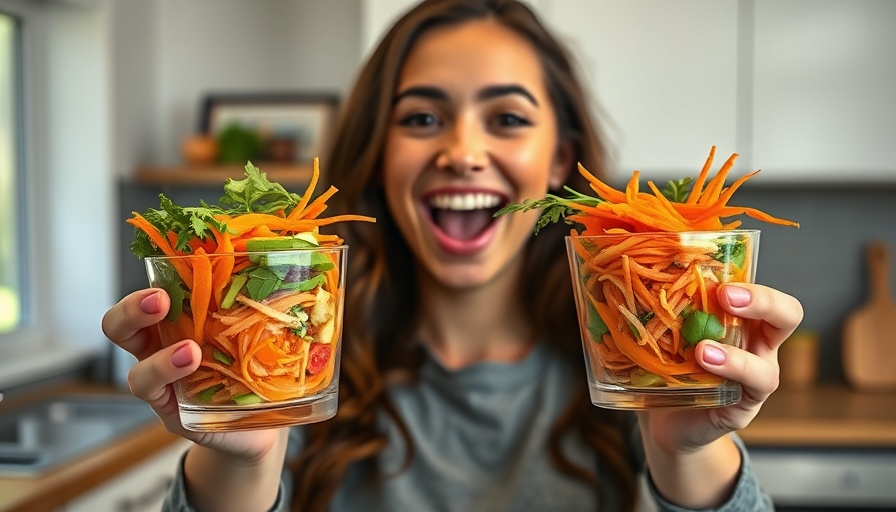 Young woman making viral carrot salads in a modern kitchen.