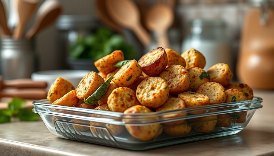 Healthy snacks in a glass container on kitchen counter.