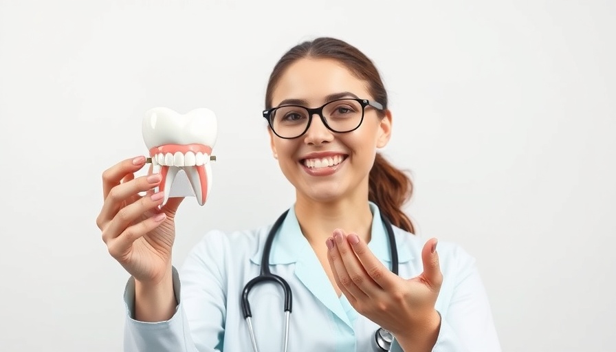 Female doctor explaining dental anatomy with 3D model.