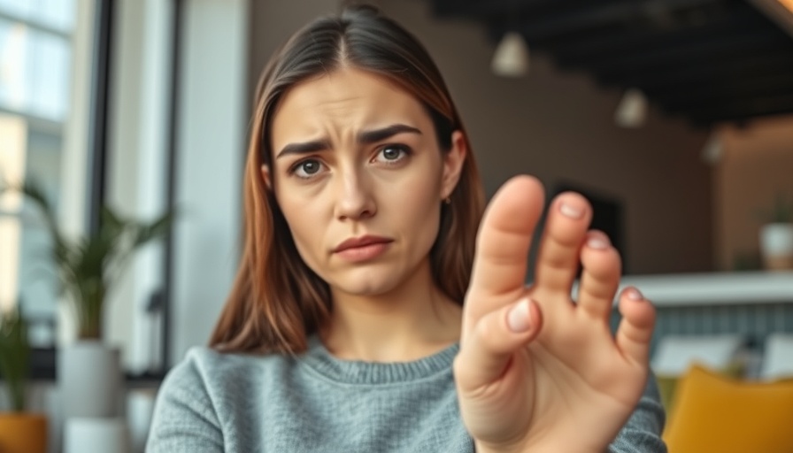 Young woman demonstrating foot pain relief techniques indoors.