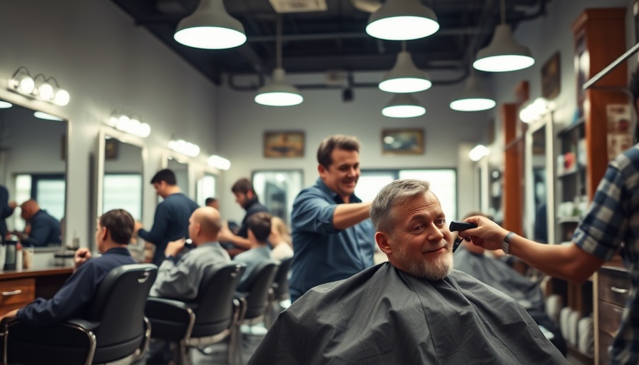 Barbershop haircut scene, modern interior, soft lighting.