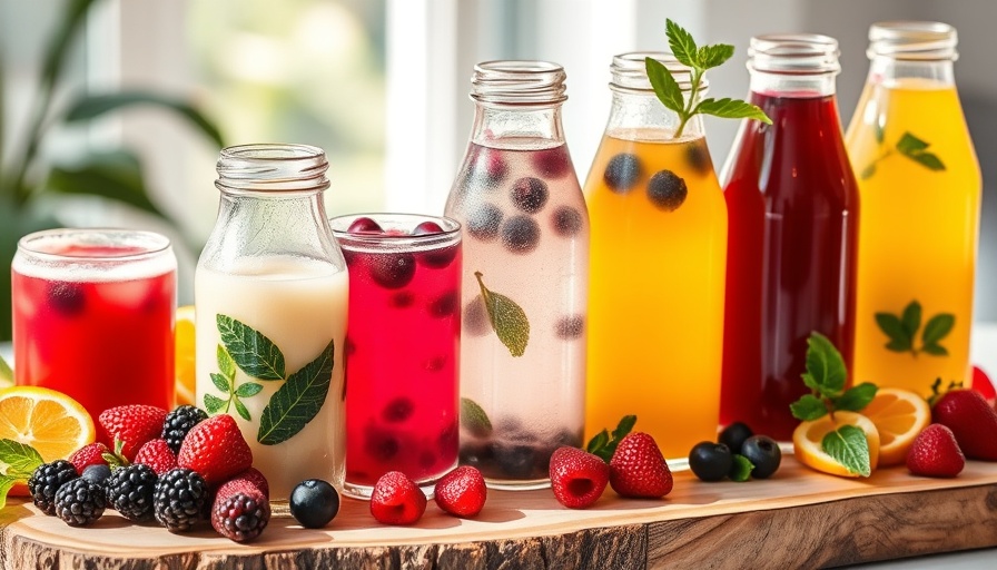 Assorted probiotic drinks with berries for healthier gut.