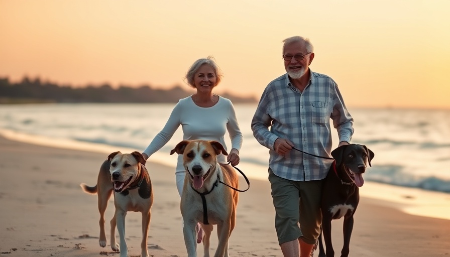 Elderly couple enjoying daily steps by the beach with dogs at sunset.