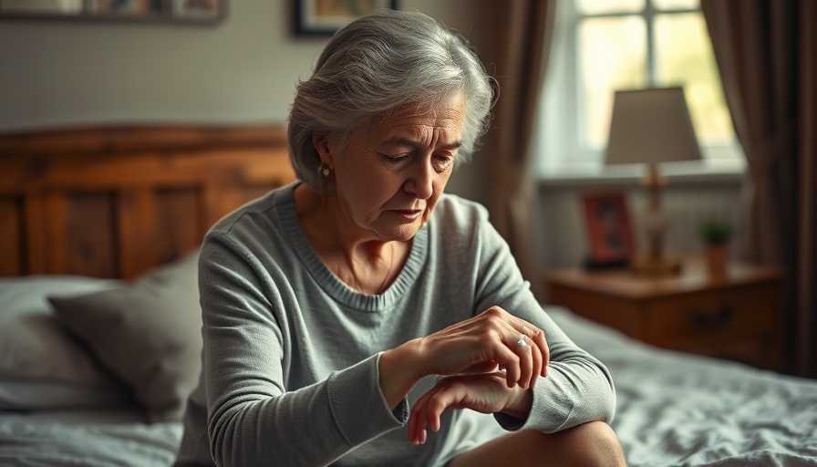 Concerned woman examining wrist, highlighting health symptoms.