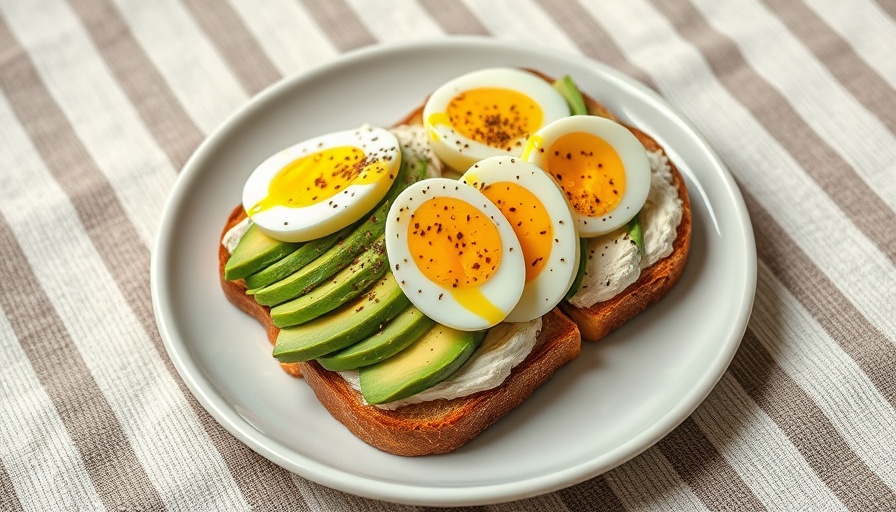 High-fiber breakfast idea with avocado toast and eggs on white plate.