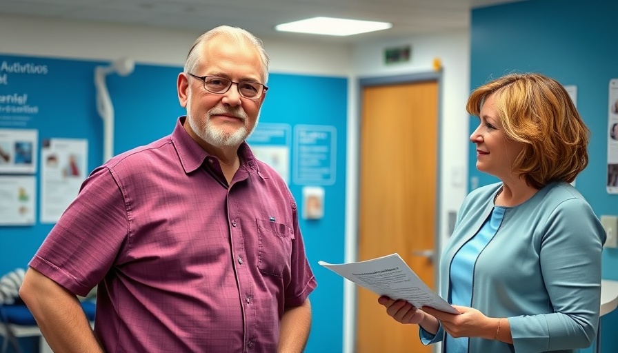 Man with lymphedema standing with a woman explaining foot pain relief.