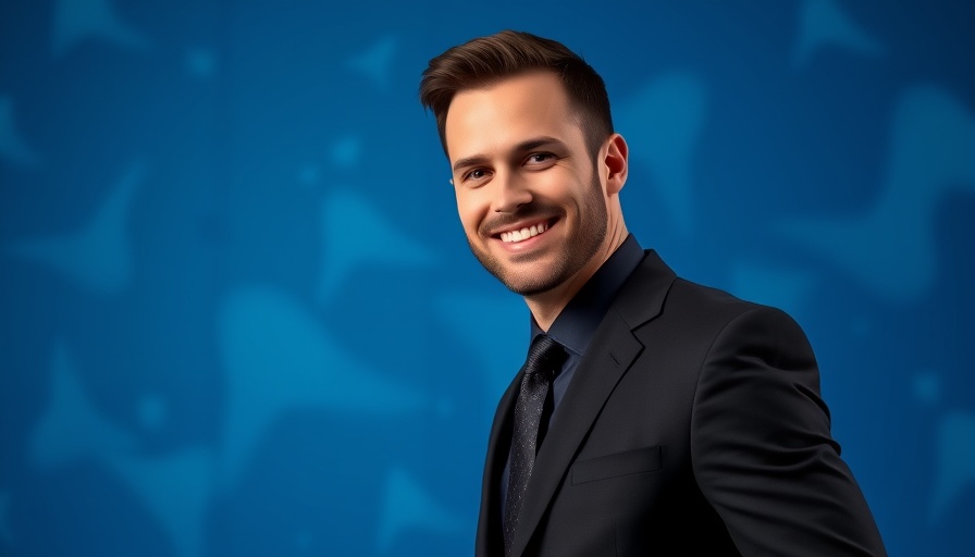 Well-dressed man smiling confidently against a blue backdrop.