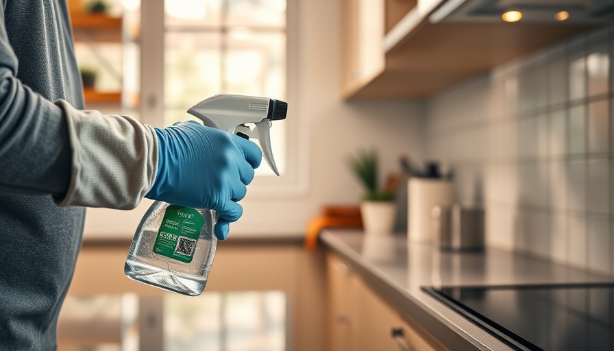 Safely sanitizing home surfaces with spray and gloves.
