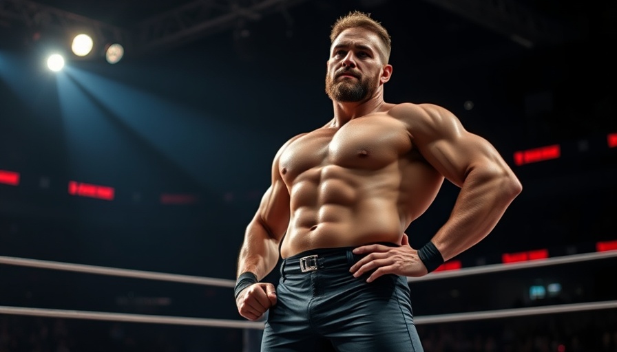 Muscular athlete posing in wrestling ring, Heart Health Awareness.