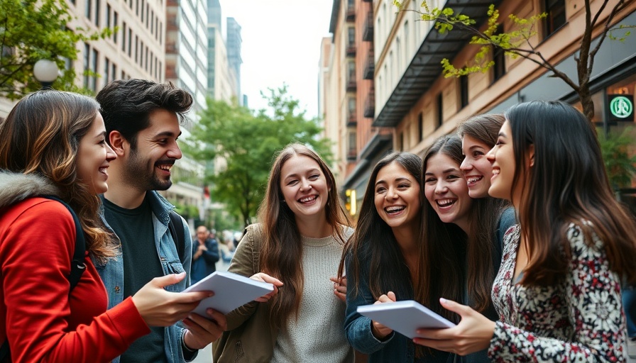 Group playing a street quiz game about dental care in urban setting.