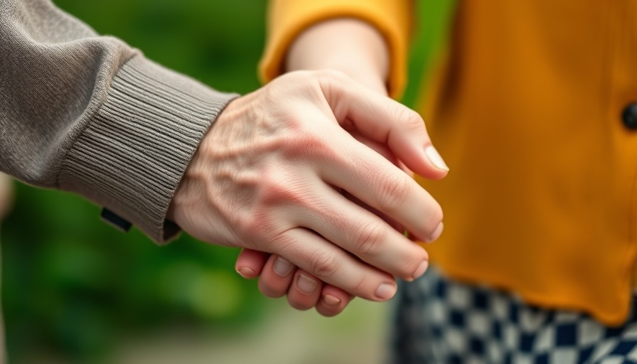 Close-up of older couple's hands embracing in a natural setting.