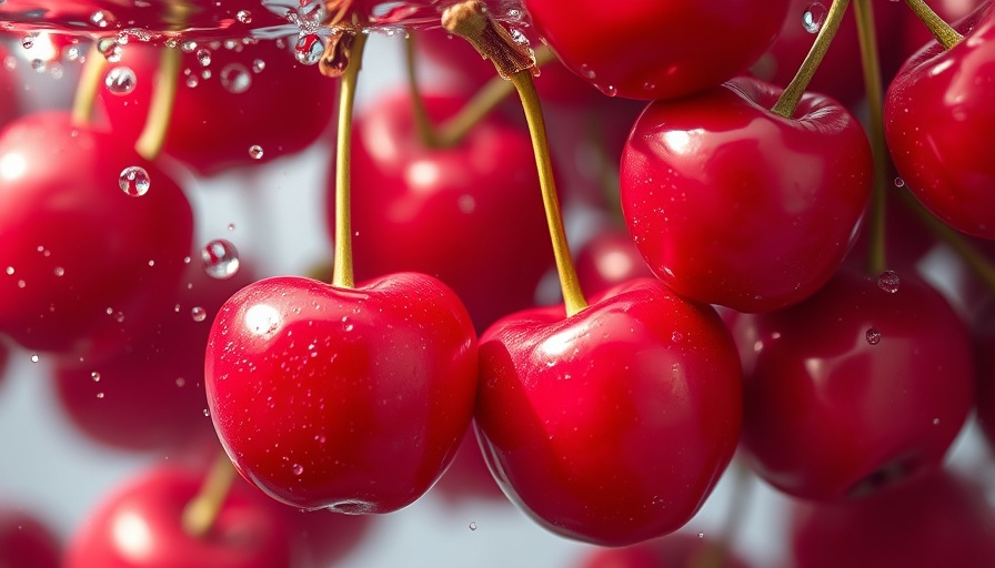 Close-up of glistening red cherries submerged in water.