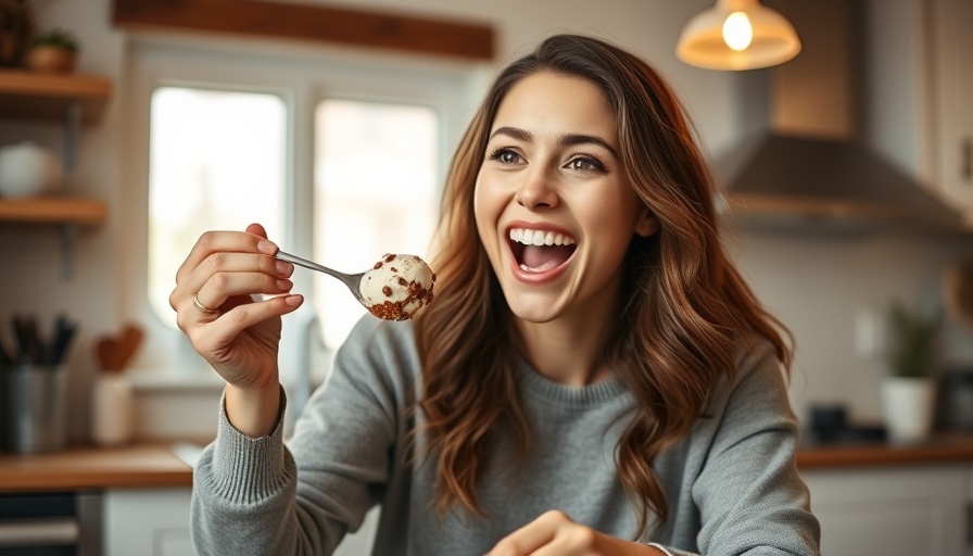 Woman enjoying low-carb dessert in bright kitchen setting.