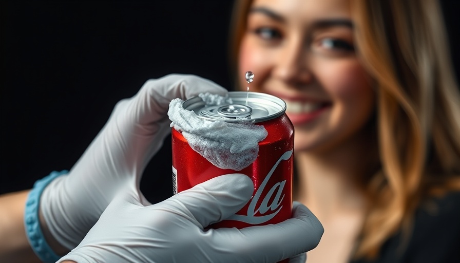 Soda can cleanliness demonstration with gloved hands and smiling woman.