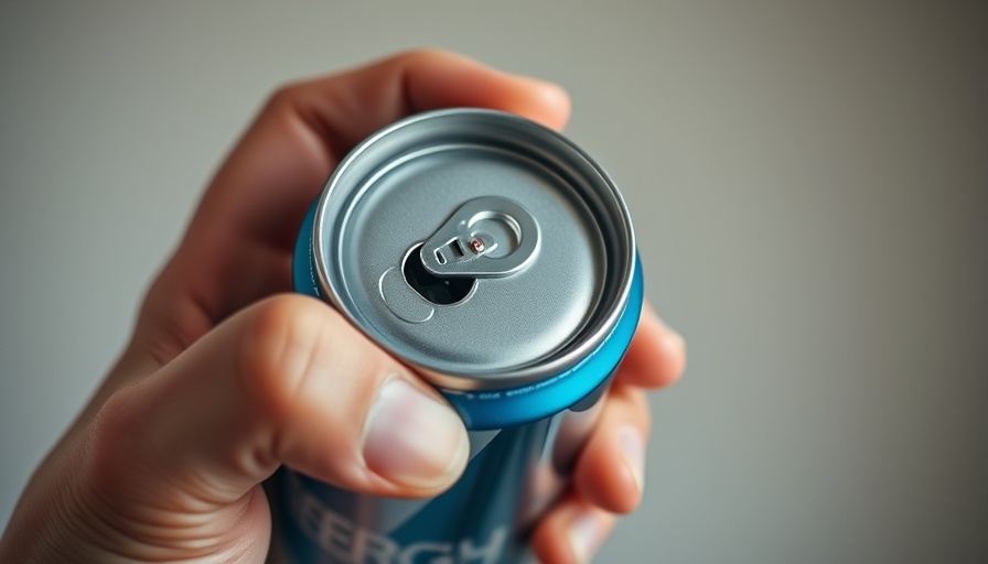 Close-up of a hand about to open an energy drink can, focusing on health risks.