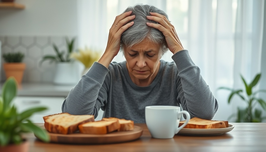 Distressed woman in kitchen with toast, exploring foods for migraines.