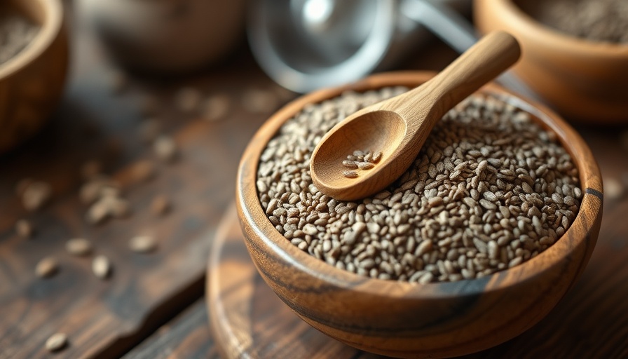Chia seeds in a wooden bowl on rustic table, illustrating blood pressure benefits.