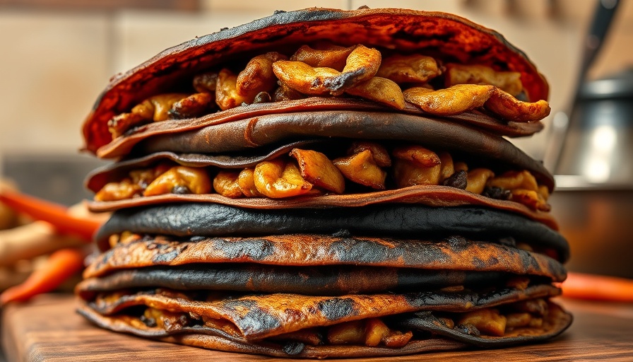 Juicy plant-based shawarma stacked vertically in a kitchen.