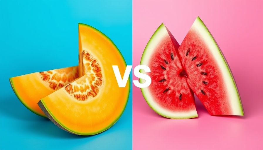 Juxtaposed watermelon and cantaloupe slice for hydration comparison.