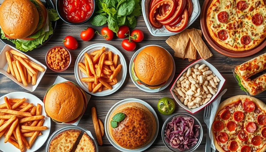 Assorted ultra-processed foods on a wooden table, highlighting lung cancer risk.