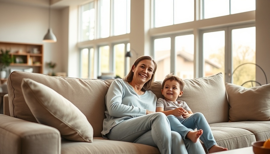 Woman and child relaxing on a sofa in a cozy living room.