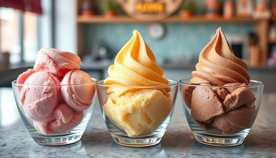 Colorful healthy ice creams in glass bowls, vibrant textures on a counter.