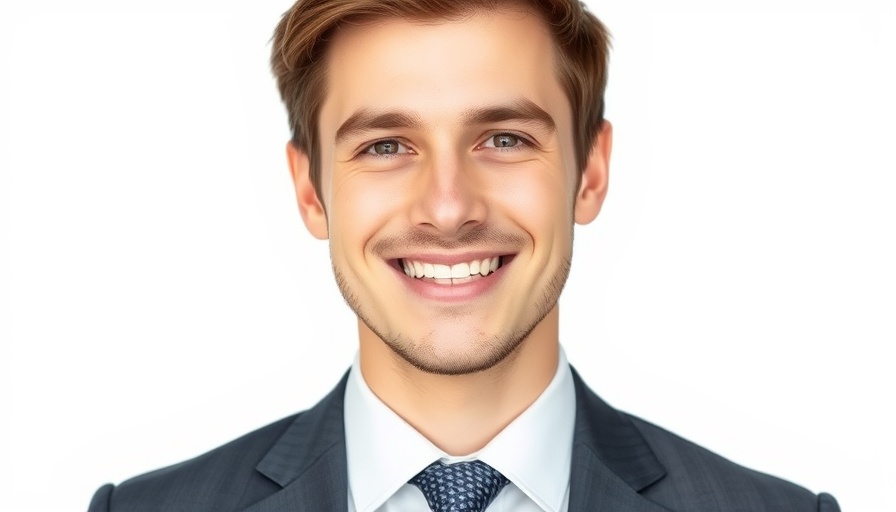 Smiling man in suit on white background.