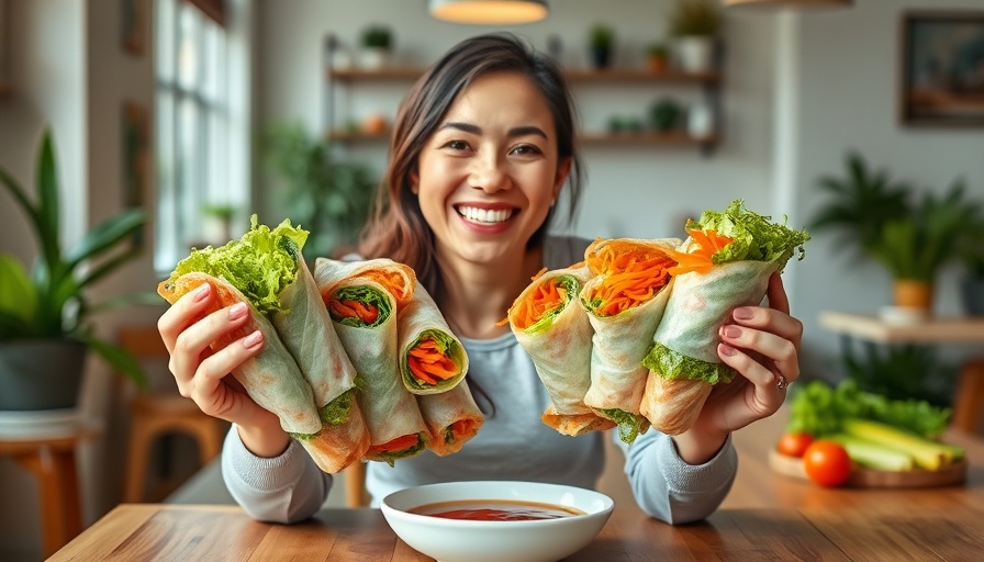 Colorful giant summer rolls held by smiling woman.