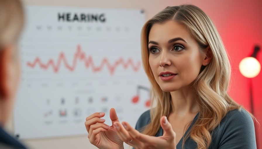 Blonde woman explaining how age affects hearing with a chart.