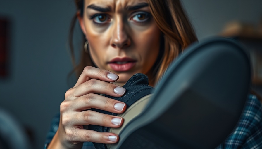 Concerned woman holding a shoe near a foot injury.